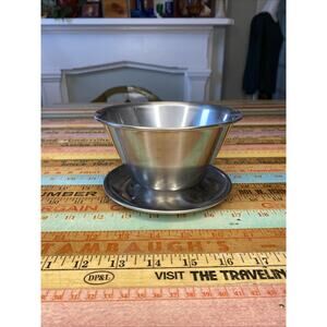 Vintage Raimond Stainless Steel Bowl Attached Saucer Mid Century Tableware MCM
